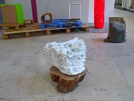 Installation View, Untitled, marble, cherrywood, 40x40x40cm